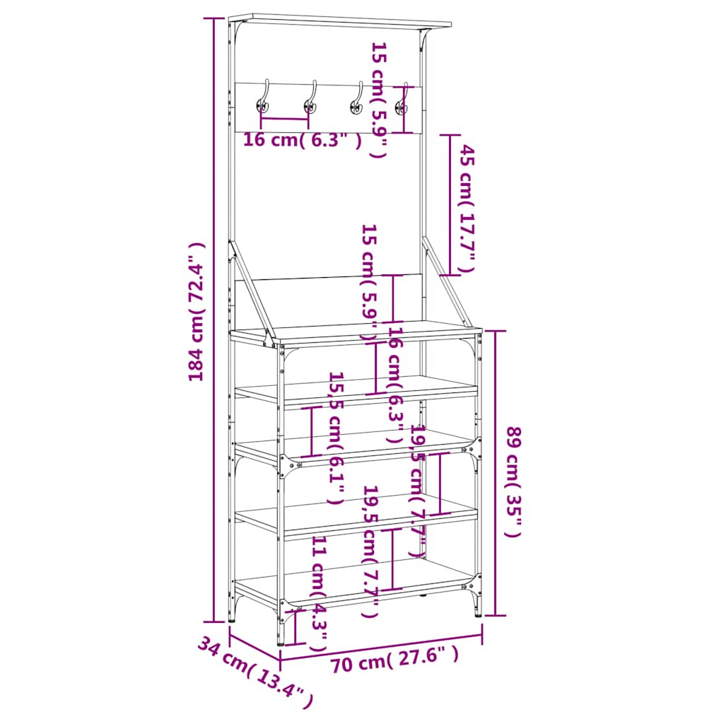 vidaXL Clothes Rack with Shoe Storage Black 70x34x184 cm