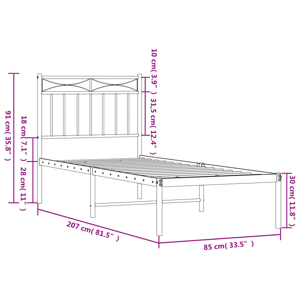 vidaXL Metal Bed Frame without Mattress with Headboard Black 80x200cm