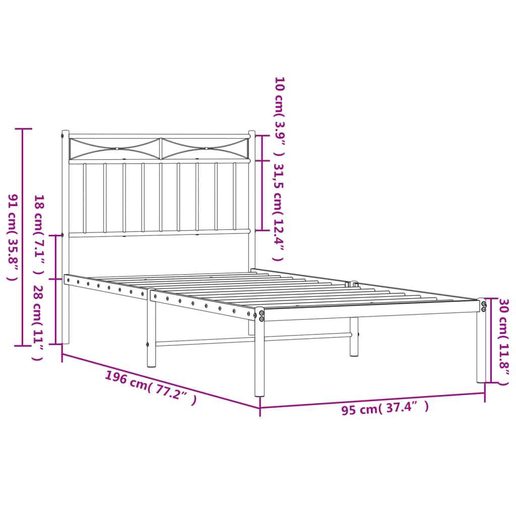 vidaXL Metal Bed Frame without Mattress with Headboard Black 90x190cm