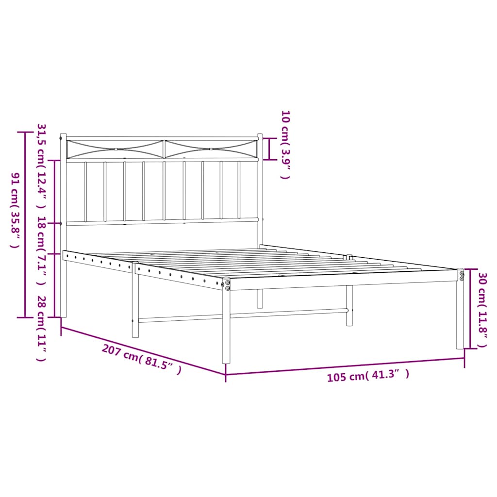 vidaXL Metal Bed Frame without Mattress with Headboard Black 100x200cm