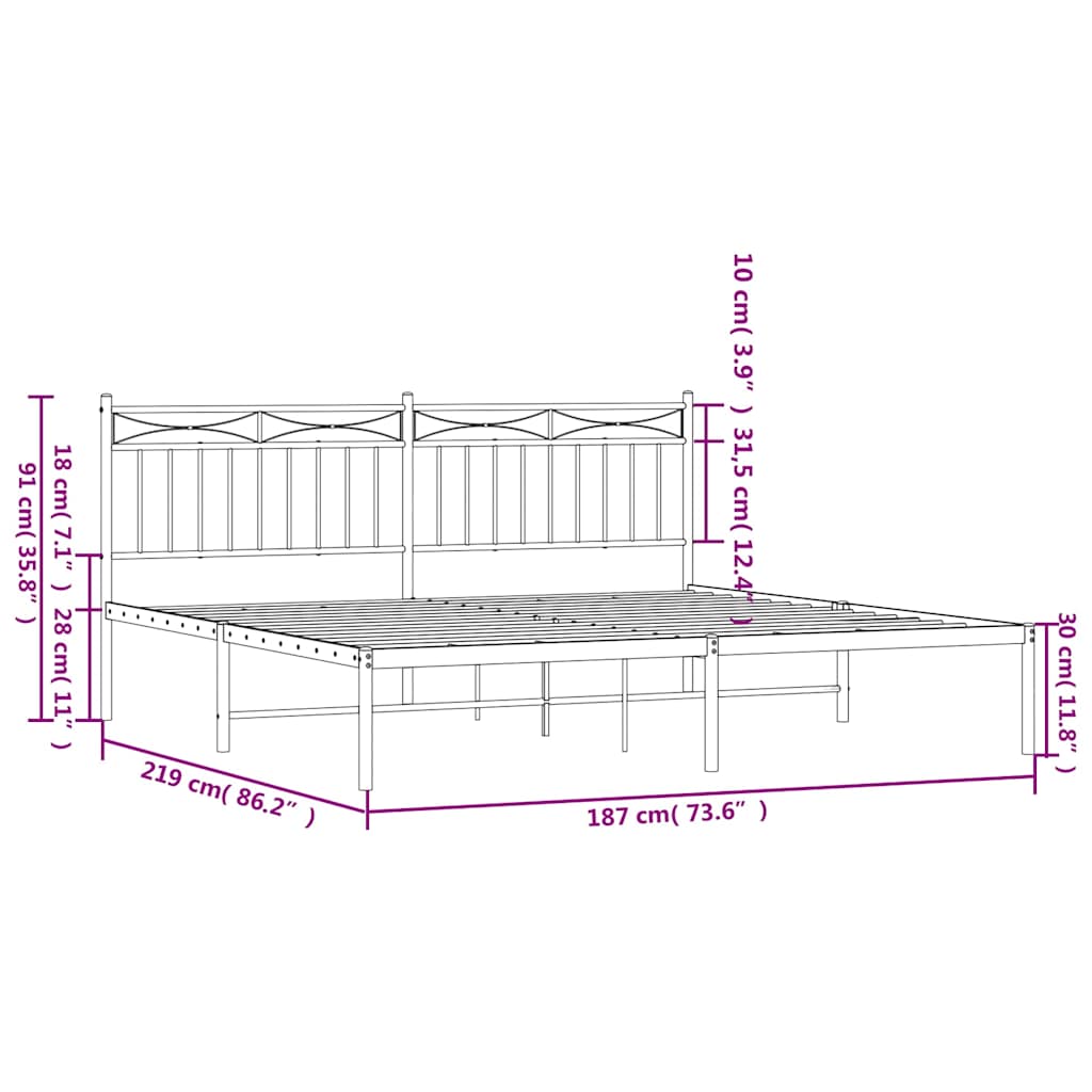 vidaXL Metal Bed Frame without Mattress with Headboard Black 183x213cm