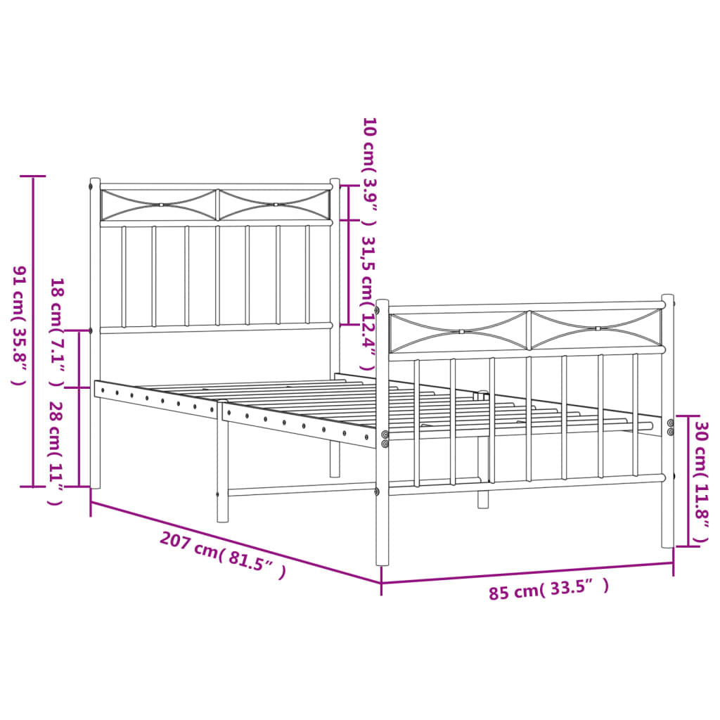 vidaXL Metal Bed Frame without Mattress with Footboard Black 80x200cm