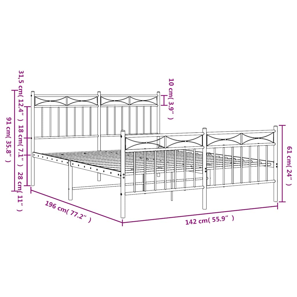 vidaXL Metal Bed Frame without Mattress with Footboard Black 135x190cm