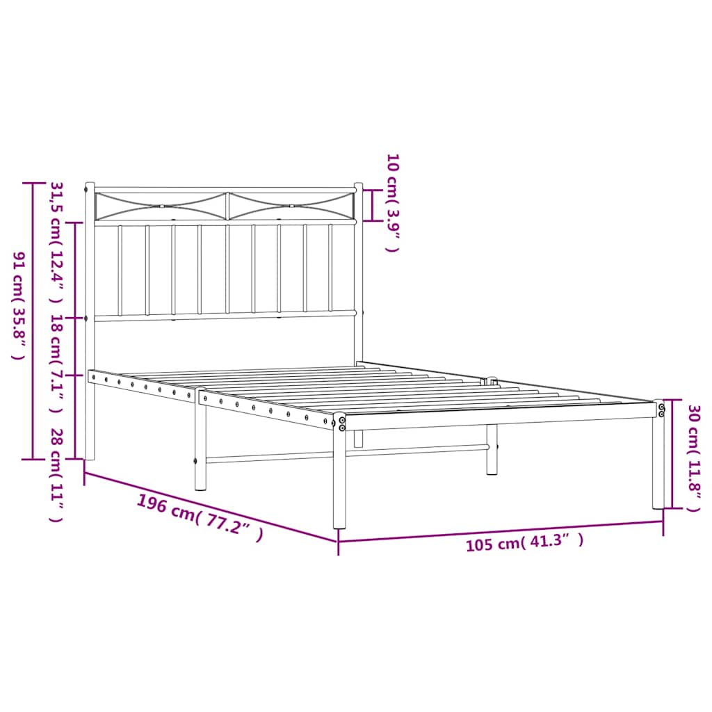 vidaXL Metal Bed Frame without Mattress with Headboard White 100x190cm