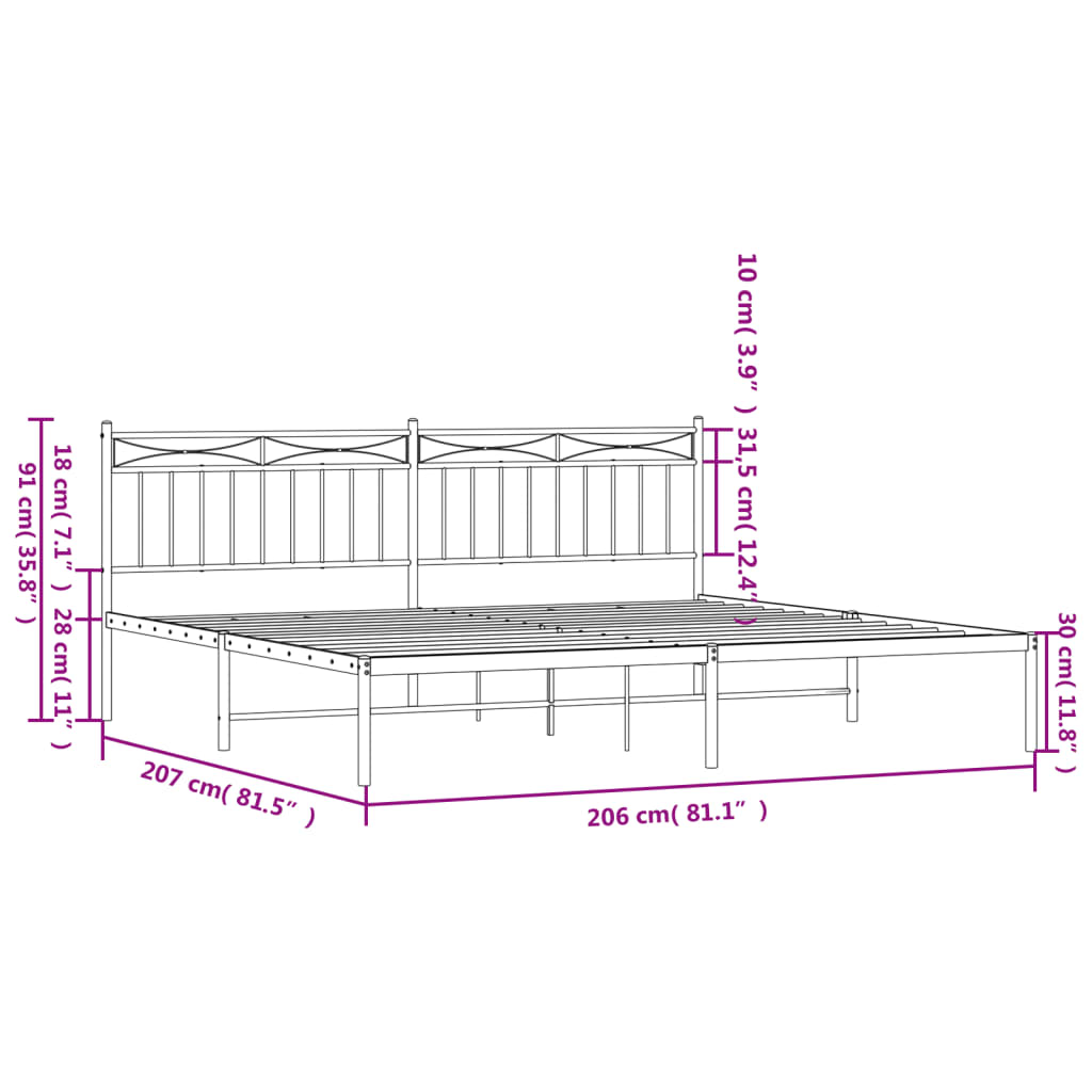 vidaXL Metal Bed Frame without Mattress with Headboard White 200x200cm