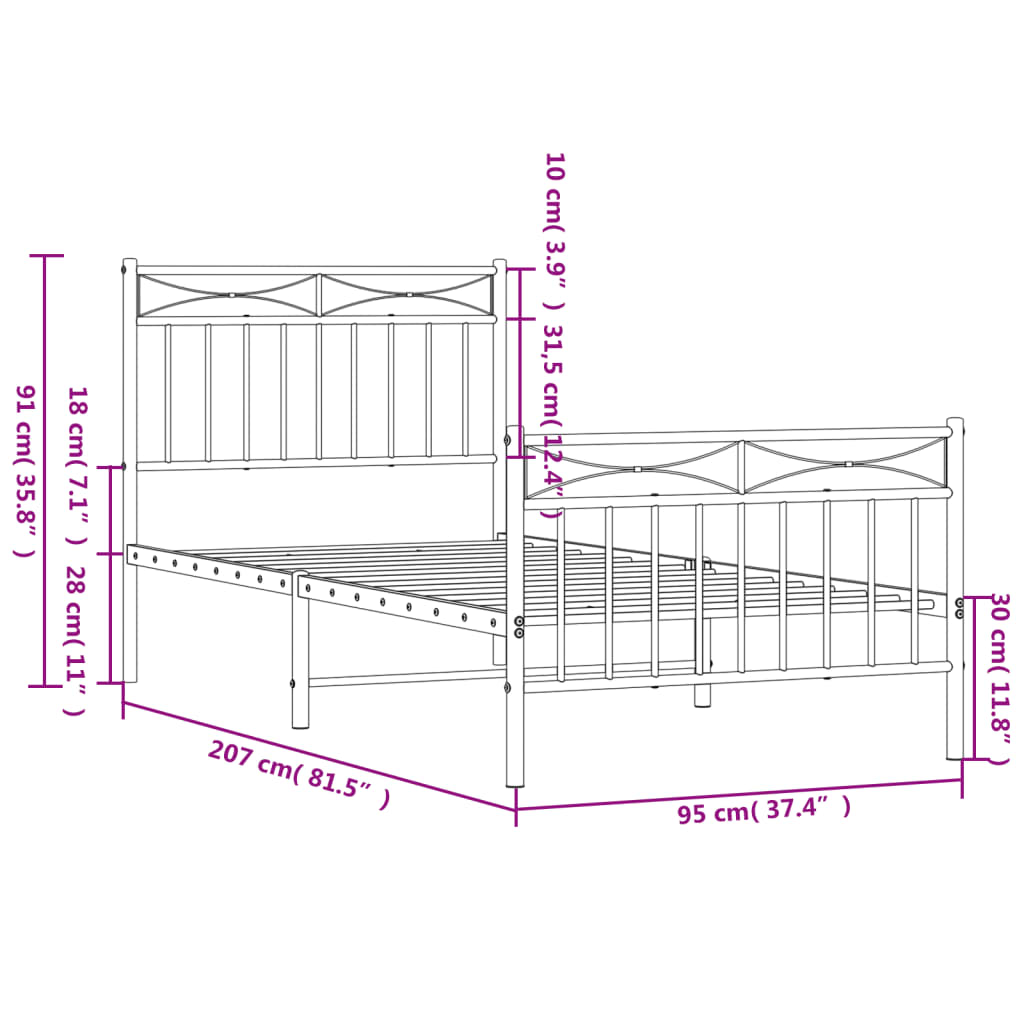 vidaXL Metal Bed Frame without Mattress with Footboard White 90x200cm