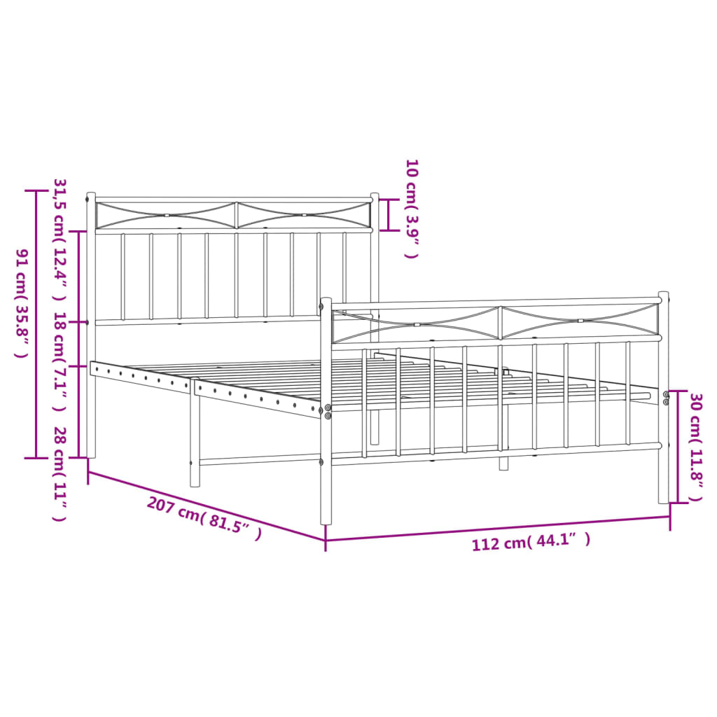 vidaXL Metal Bed Frame without Mattress with Footboard White 107x203cm