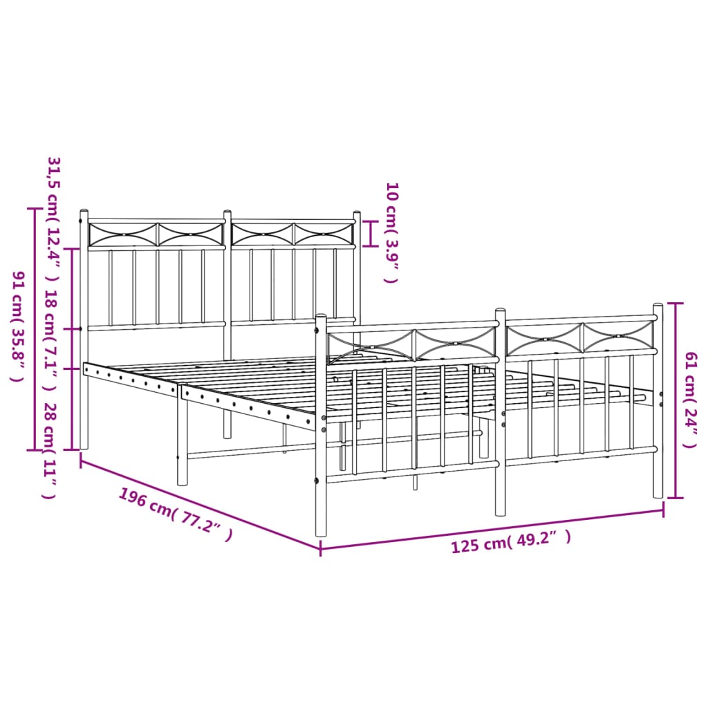 vidaXL Metal Bed Frame without Mattress with Footboard White 120x190cm