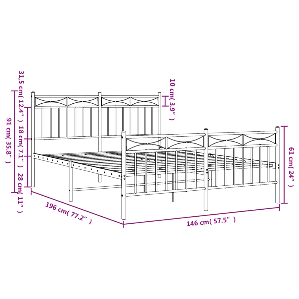 vidaXL Metal Bed Frame without Mattress with Footboard White 140x190cm