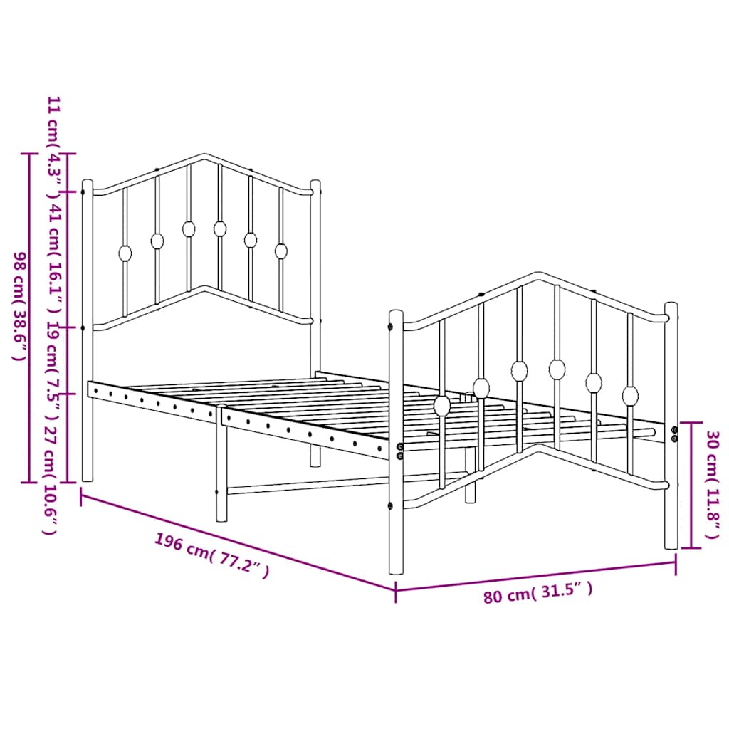 vidaXL Metal Bed Frame without Mattress with Footboard Black 75x190cm