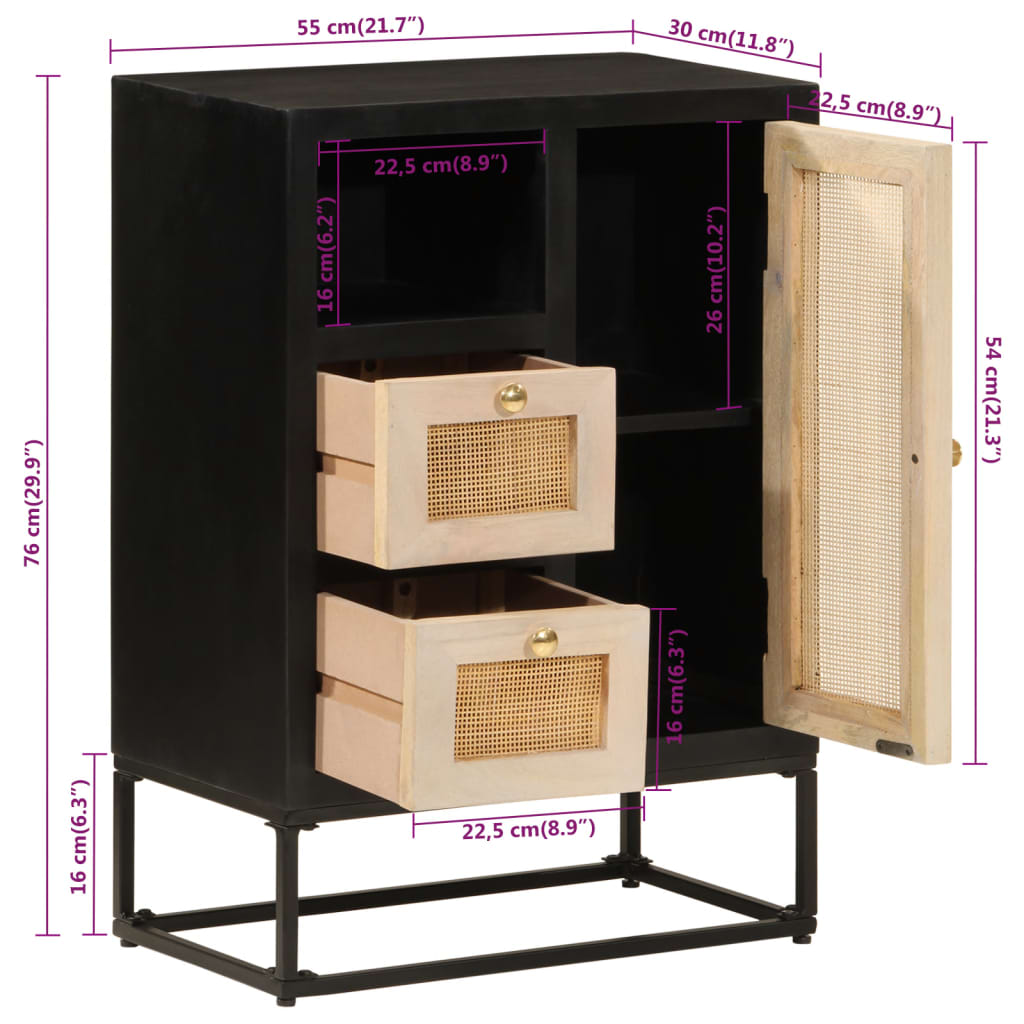 vidaXL Sideboard Black 55x30x76 cm Solid Wood Mango and Iron