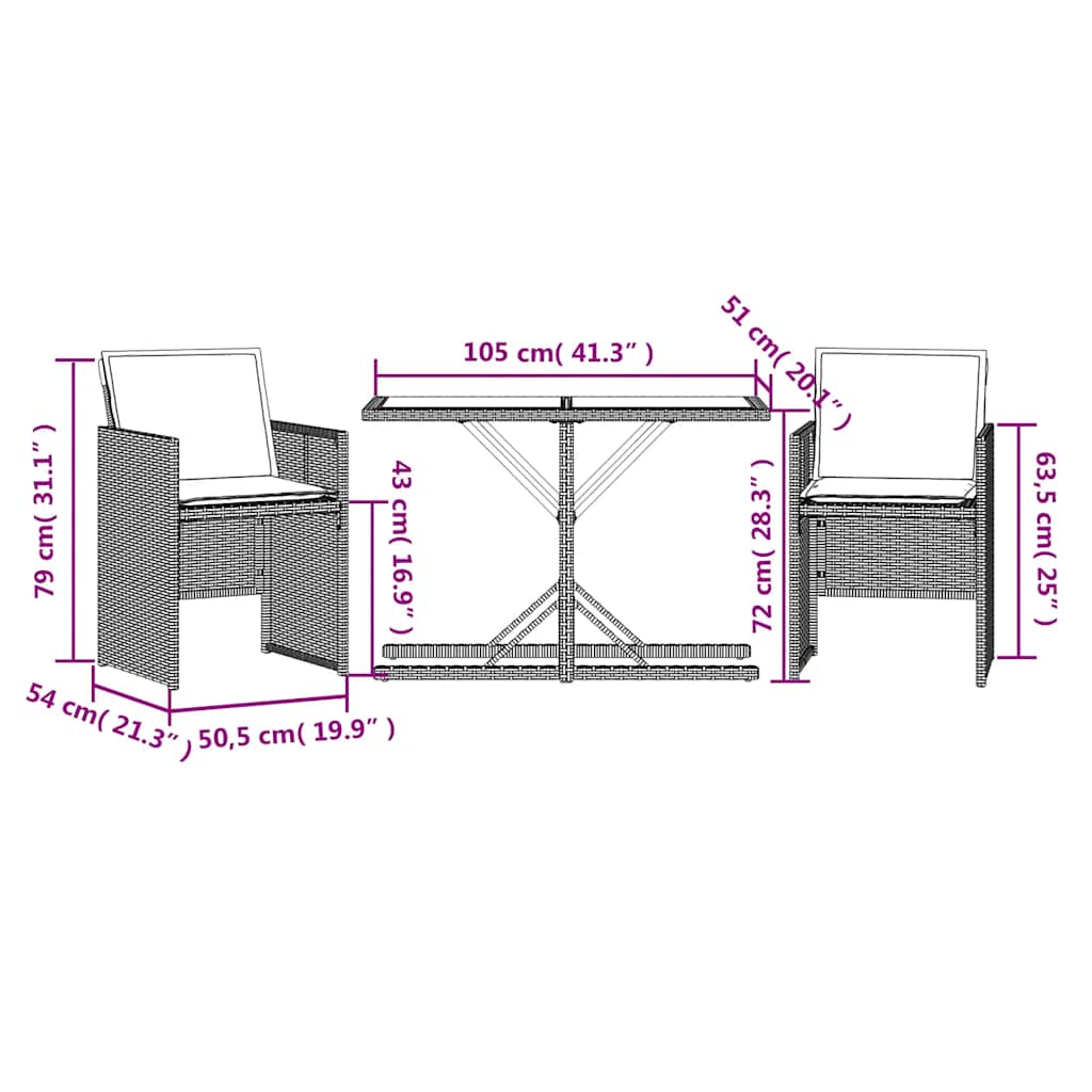 vidaXL 3 Piece Bistro Set with Cushions Black Poly Rattan