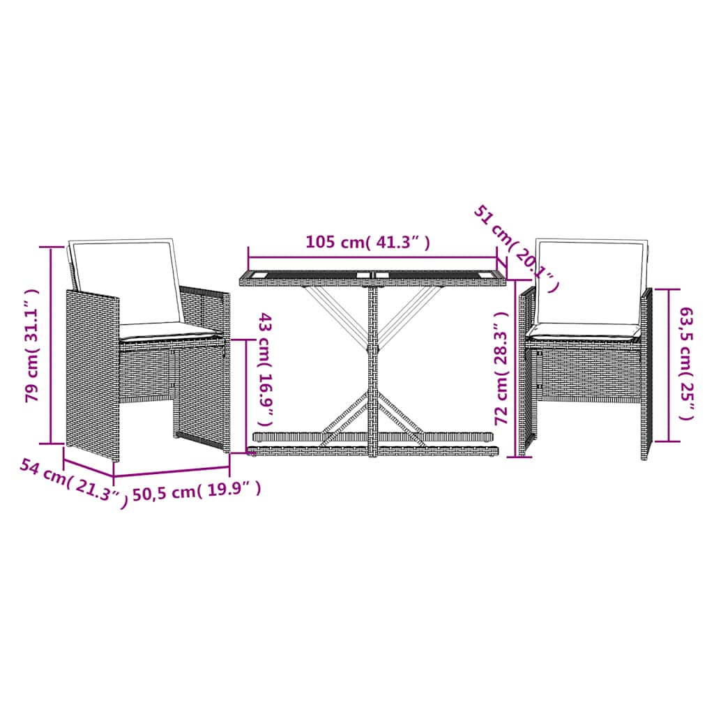 vidaXL 3 Piece Bistro Set with Cushions Beige Poly Rattan
