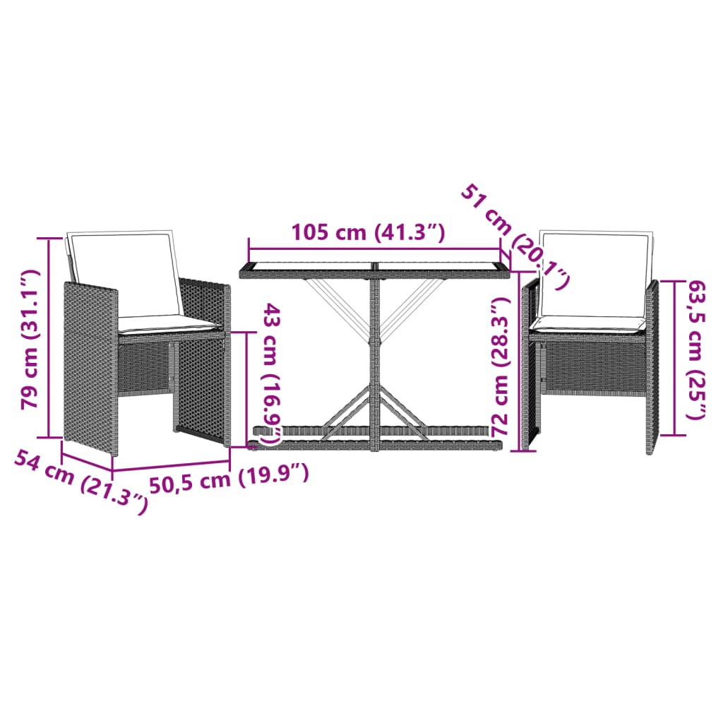 vidaXL 3 Piece Bistro Set with Cushions Light Grey Poly Rattan