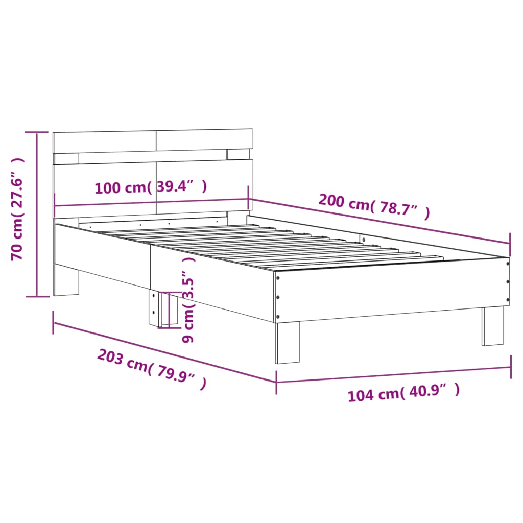 vidaXL Bed Frame without Mattress with Headboard Grey Sonoma 100x200cm