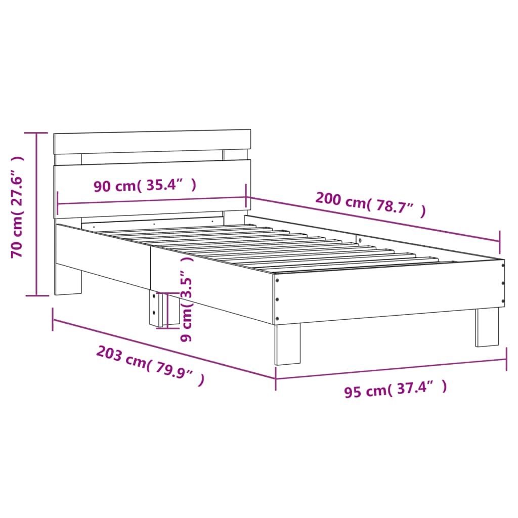 vidaXL Bed Frame without Mattress with Headboard Grey Sonoma 90x200 cm