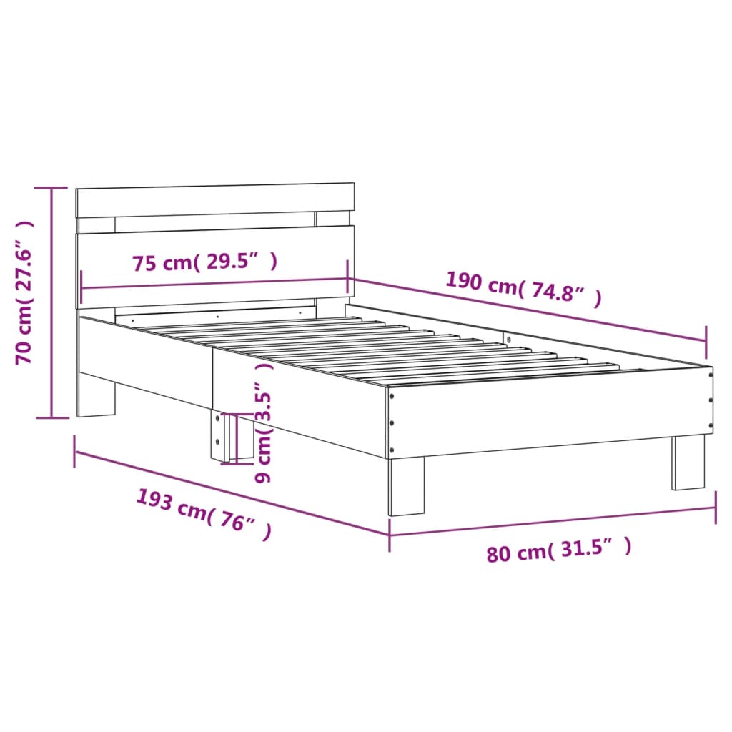 vidaXL Bed Frame without Mattress with Headboard Black 75x190 cm