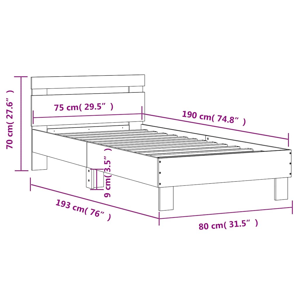 vidaXL Bed Frame without Mattress with Headboard Sonoma Oak 75x190 cm Small Single