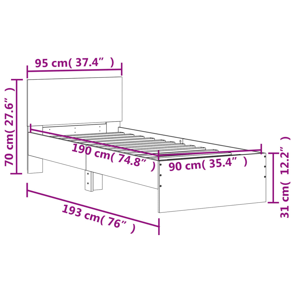 vidaXL Bed Frame without Mattress with Headboard White 90x190 cm
