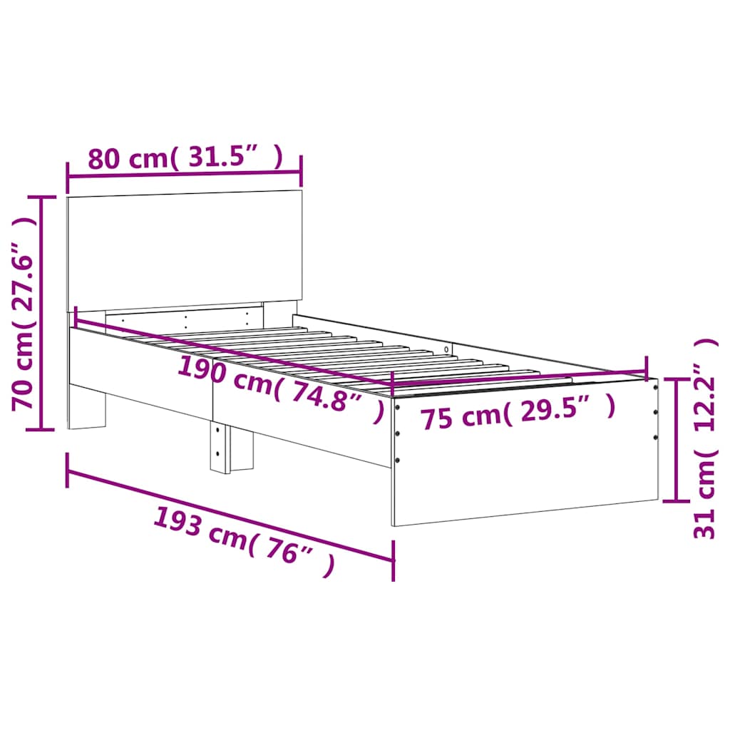 vidaXL Bed Frame without Mattress with Headboard Sonoma Oak 75x190 cm Small Single