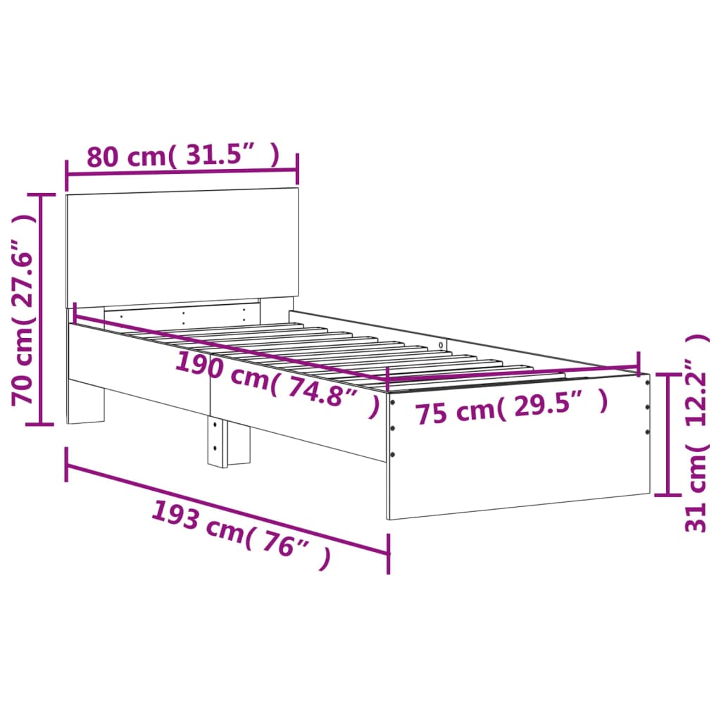 vidaXL Bed Frame without Mattress with Headboard Concrete Grey 75x190 cm Small Single