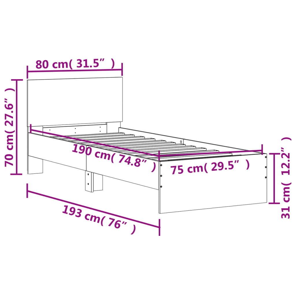 vidaXL Bed Frame without Mattress with Headboard Grey Sonoma 75x190 cm Small Single