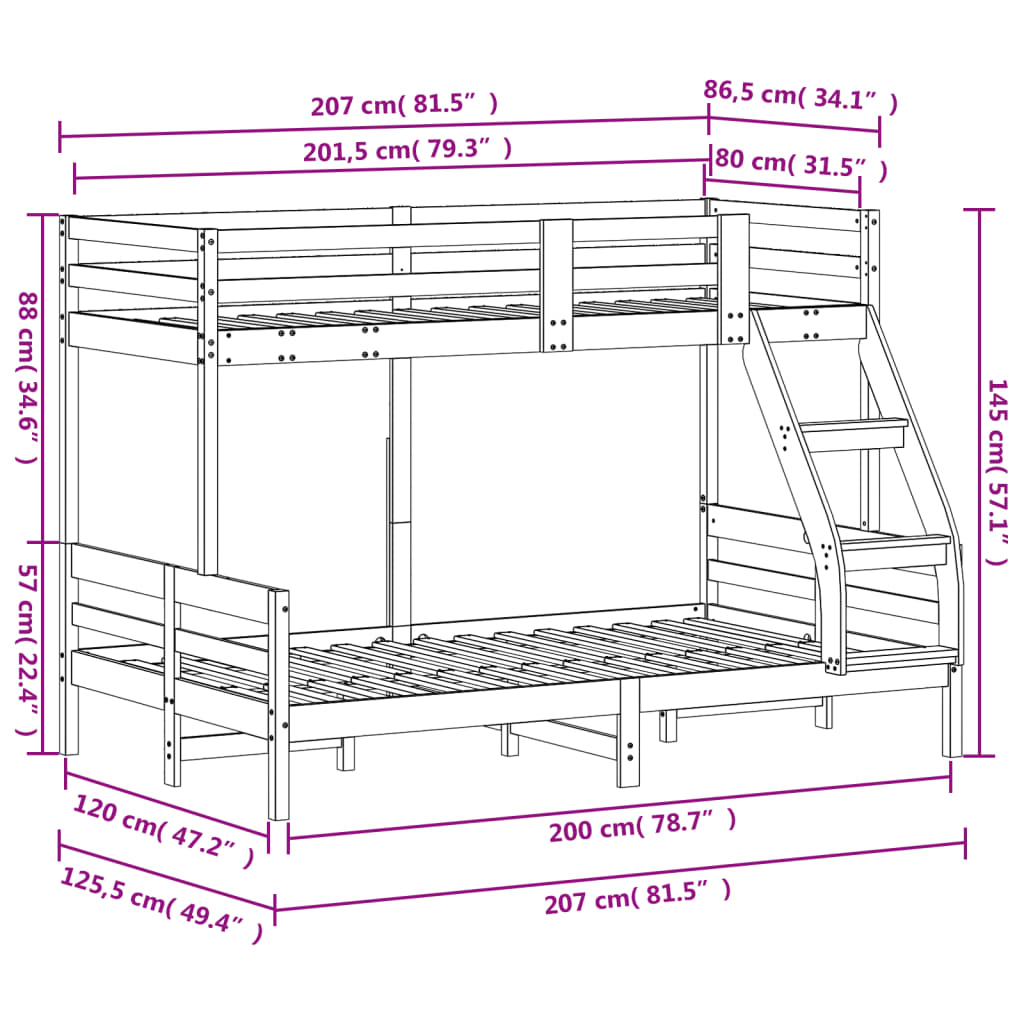 vidaXL Bunk Bed without Mattress 80x200/120x200 cm Solid Wood