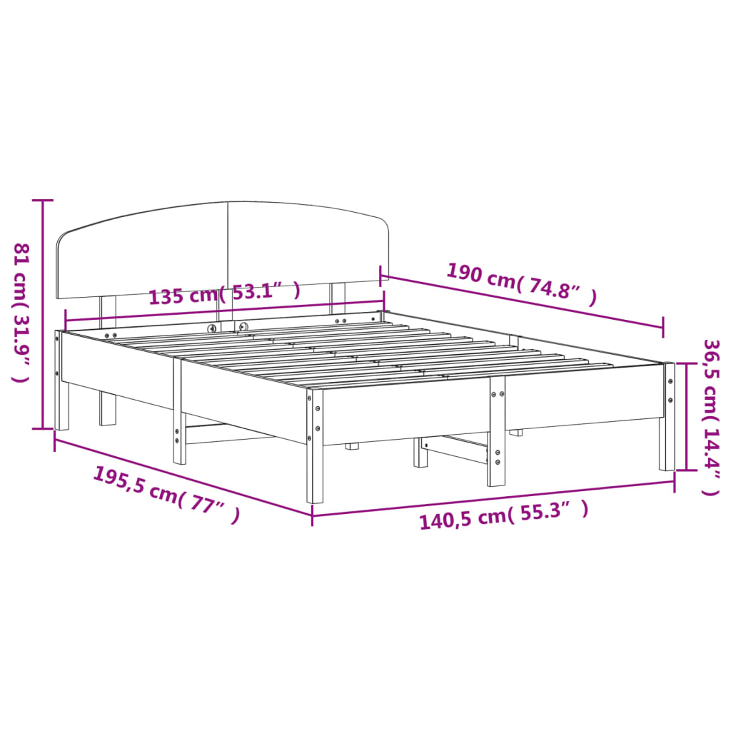 vidaXL Bed Frame without Mattress Wax Brown 135x190 cm Double Solid Wood Pine