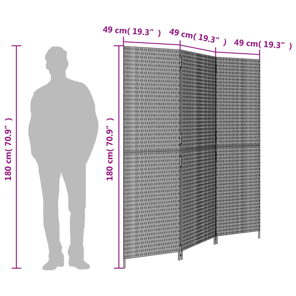 vidaXL Room Divider 3 Panels Grey Poly Rattan