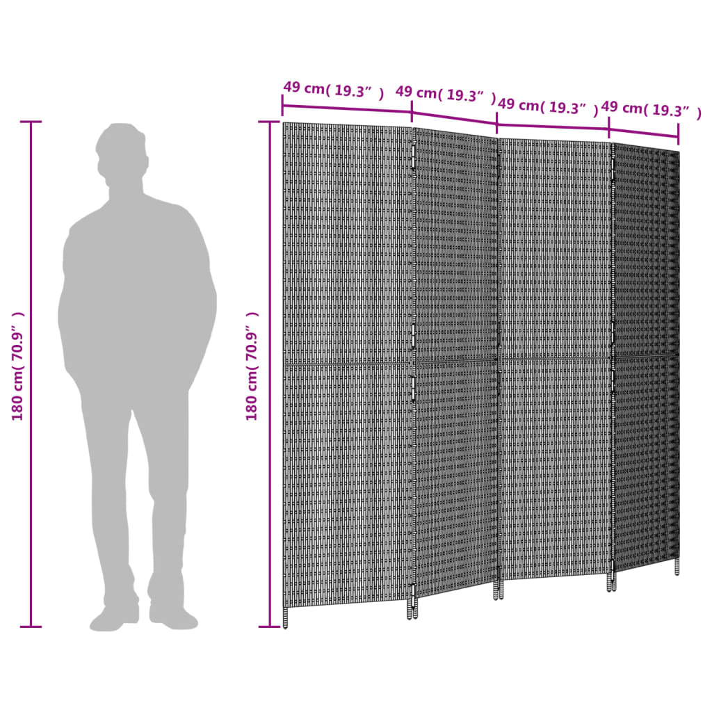 vidaXL Room Divider 4 Panels Brown Poly Rattan