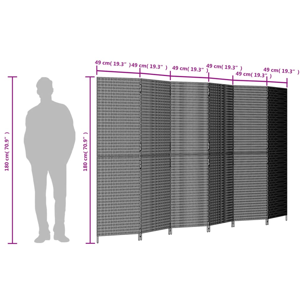 vidaXL Room Divider 6 Panels Grey Poly Rattan