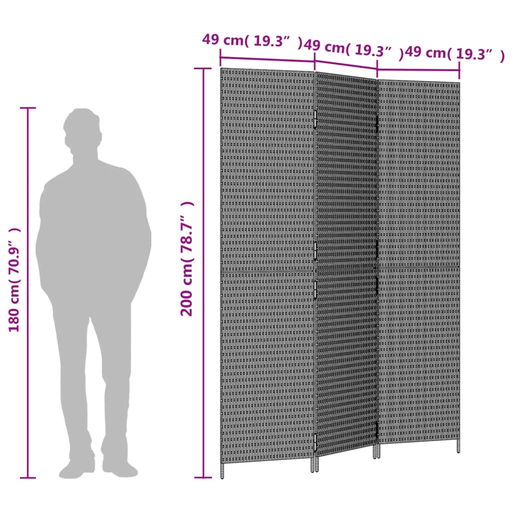 vidaXL Room Divider 3 Panels Black Poly Rattan