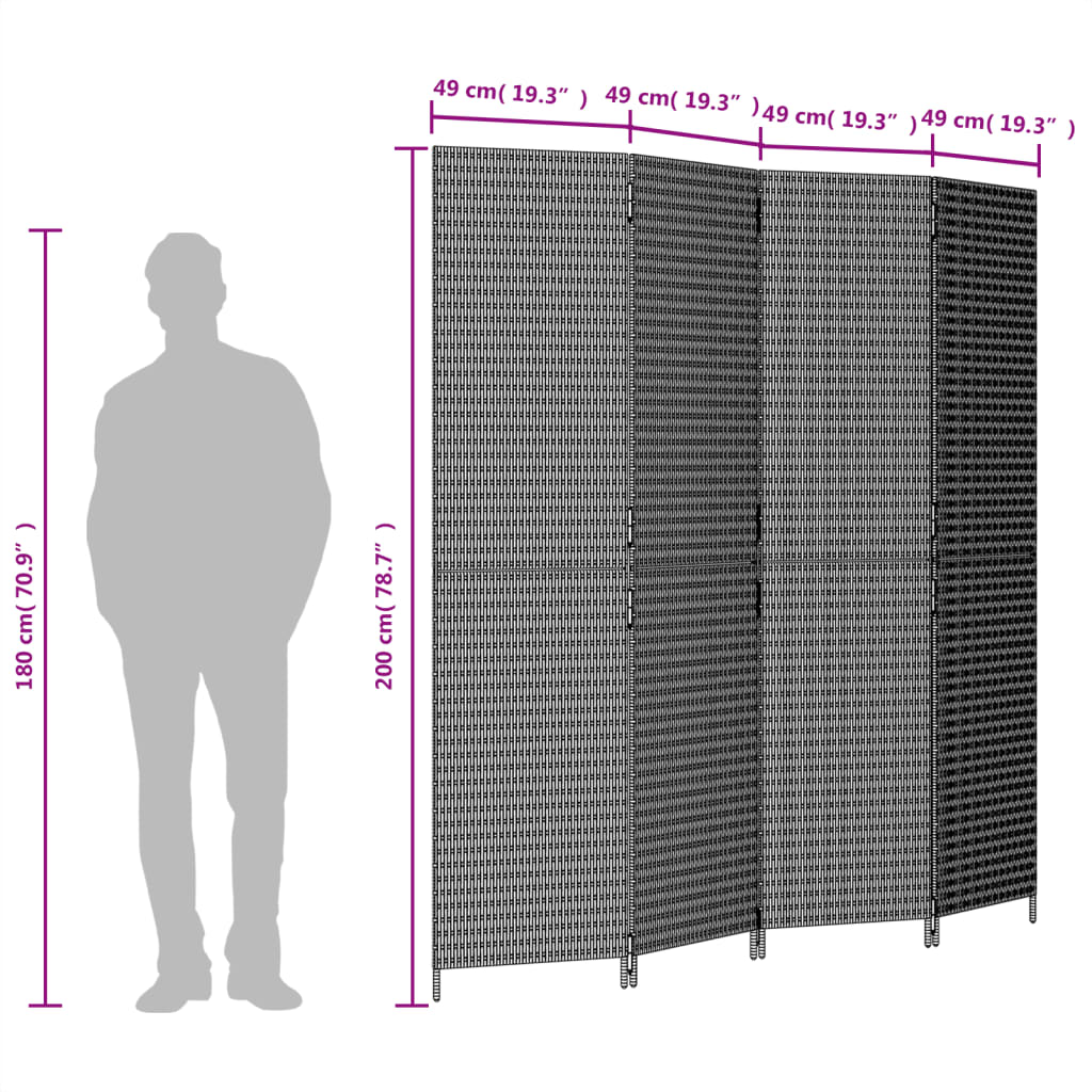 vidaXL Room Divider 4 Panels Black Poly Rattan