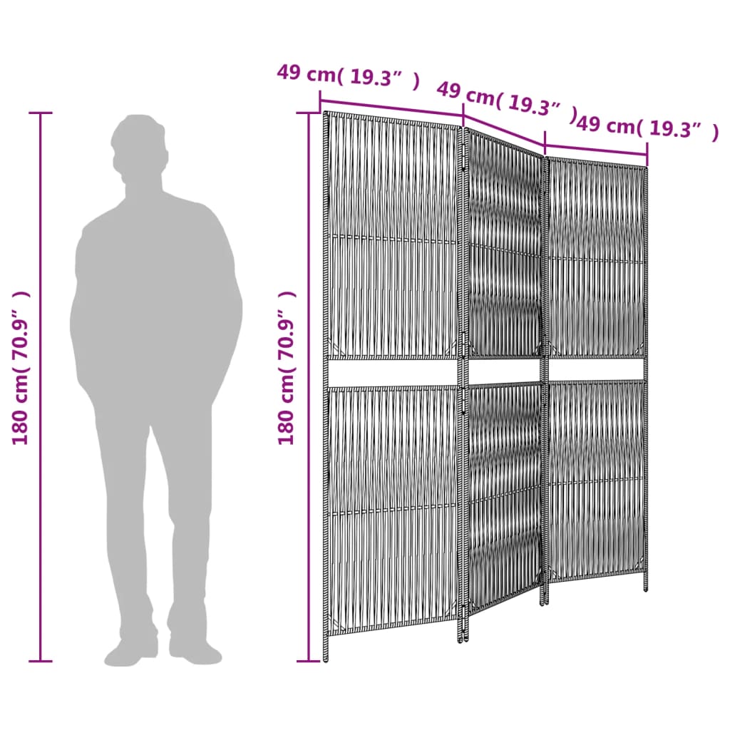vidaXL Room Divider 3 Panels Black Poly Rattan