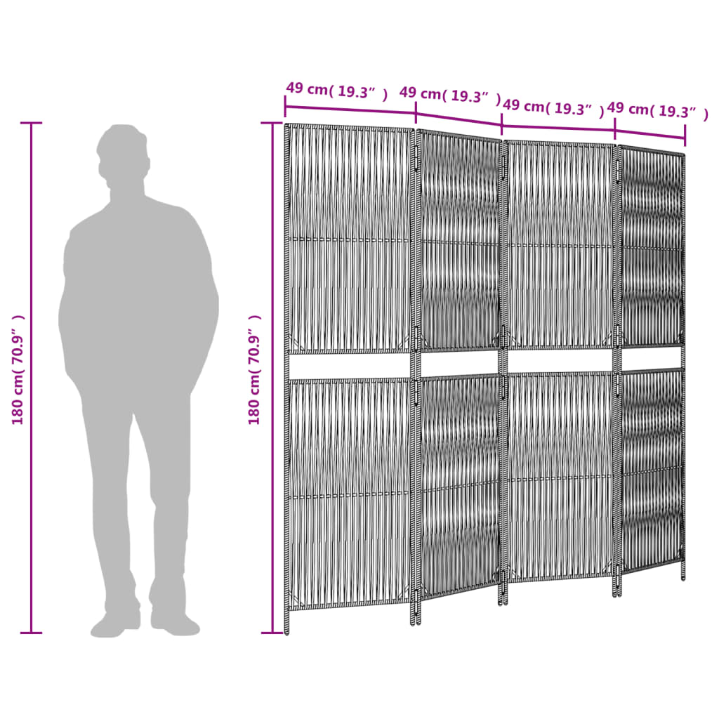 vidaXL Room Divider 4 Panels Black Poly Rattan