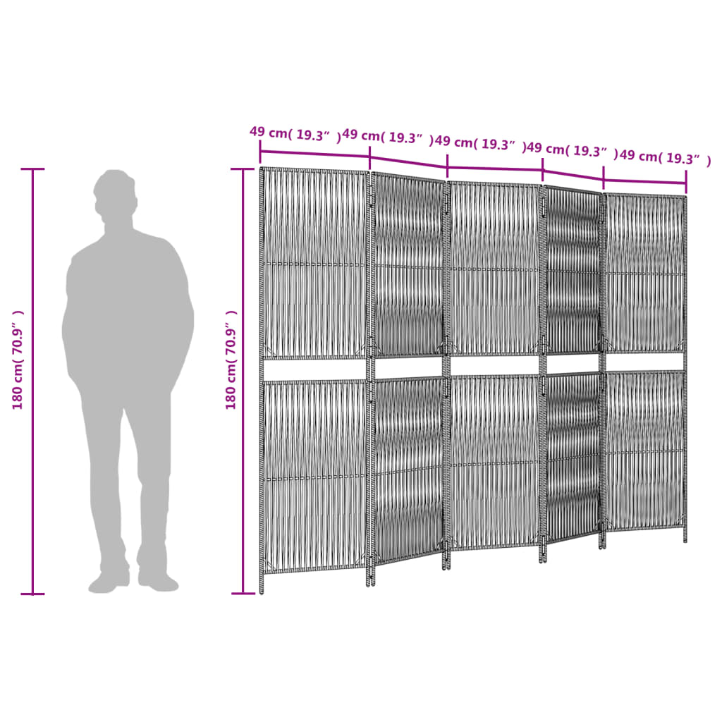 vidaXL Room Divider 5 Panels Black Poly Rattan
