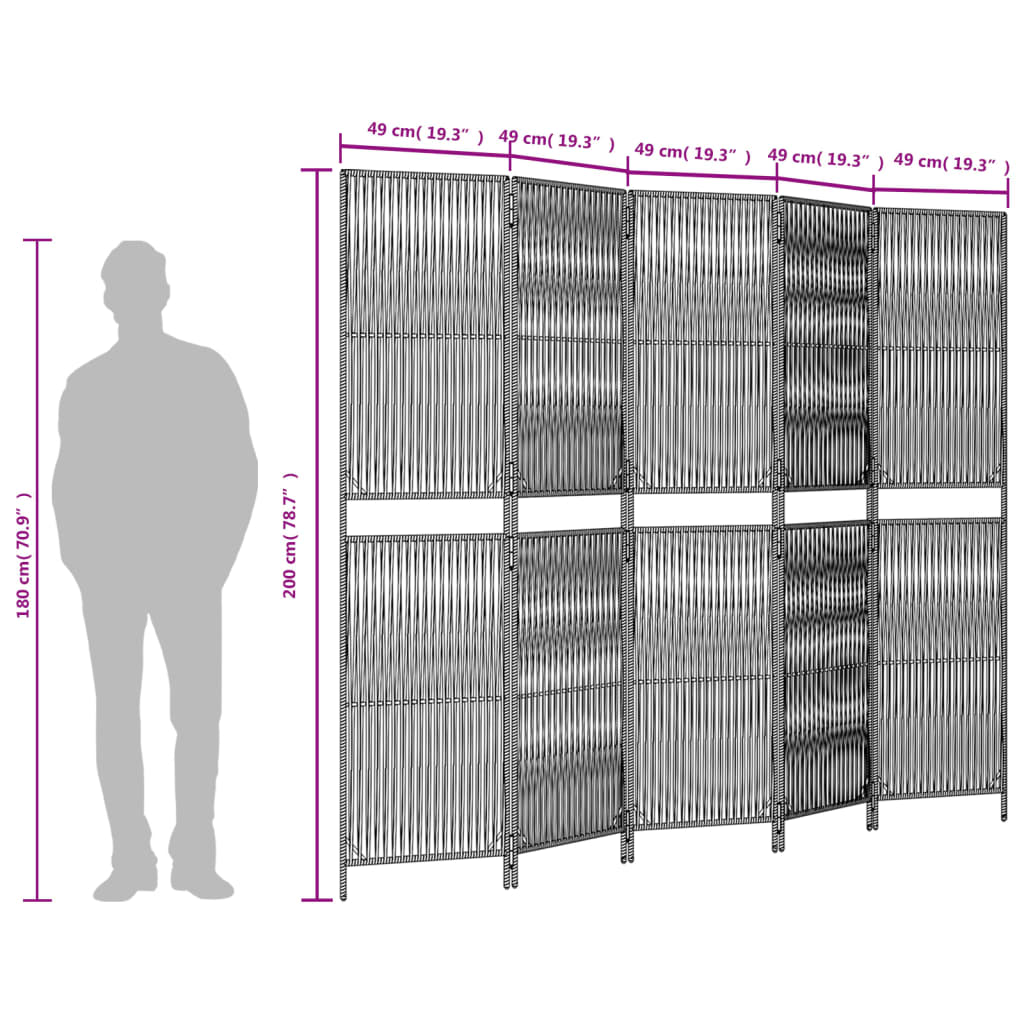 vidaXL Room Divider 5 Panels Black Poly Rattan