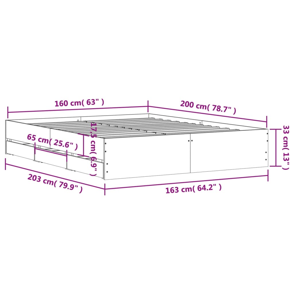 vidaXL Bed Frame with Drawers without Mattress Concrete Grey 160x200 cm