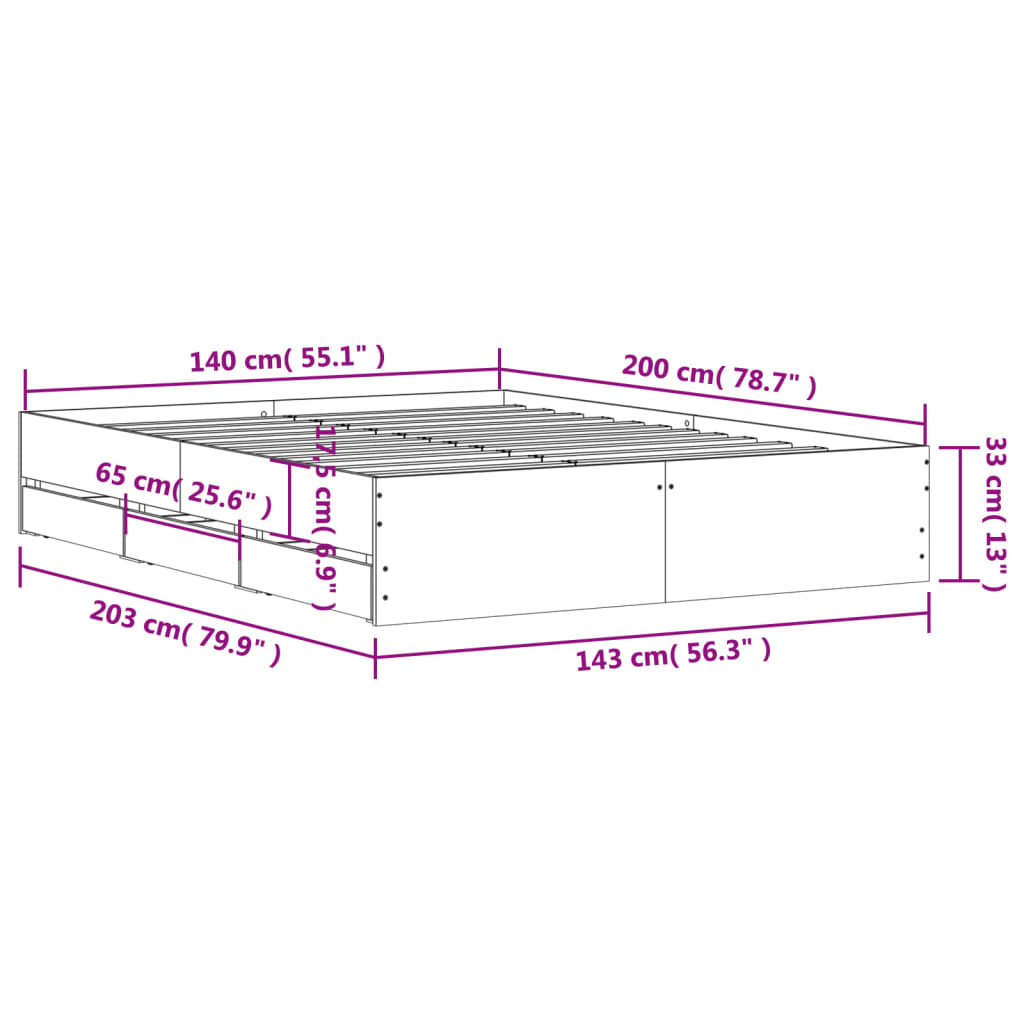 vidaXL Bed Frame with Drawers without Mattress White 140x200 cm