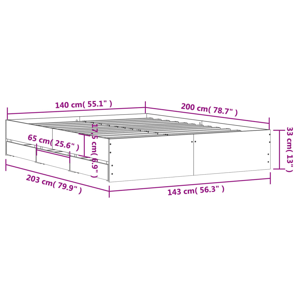 vidaXL Bed Frame with Drawers without Mattress Concrete Grey 140x200 cm