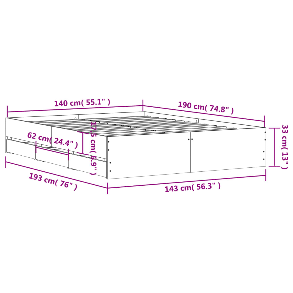 vidaXL Bed Frame with Drawers without Mattress Black 140x190 cm