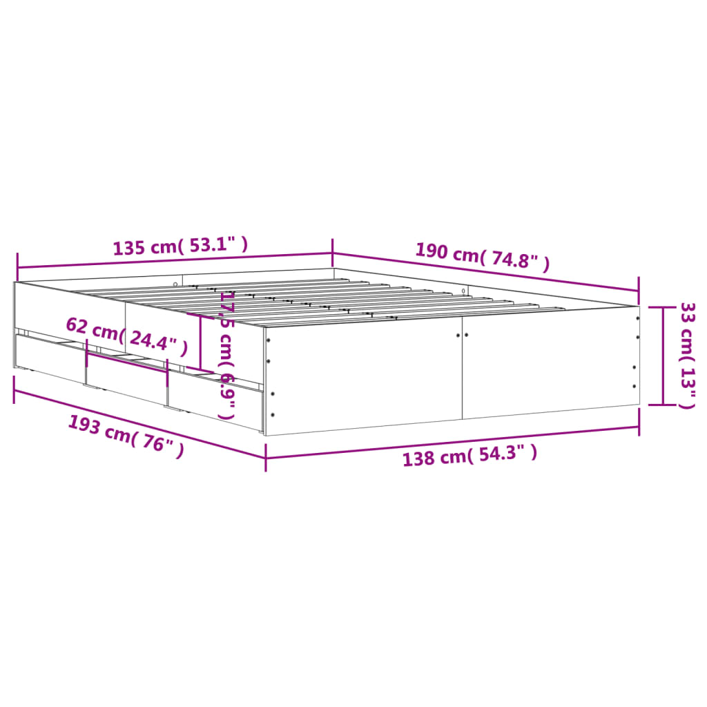 vidaXL Bed Frame with Drawers without Mattress White 135x190 cm Double