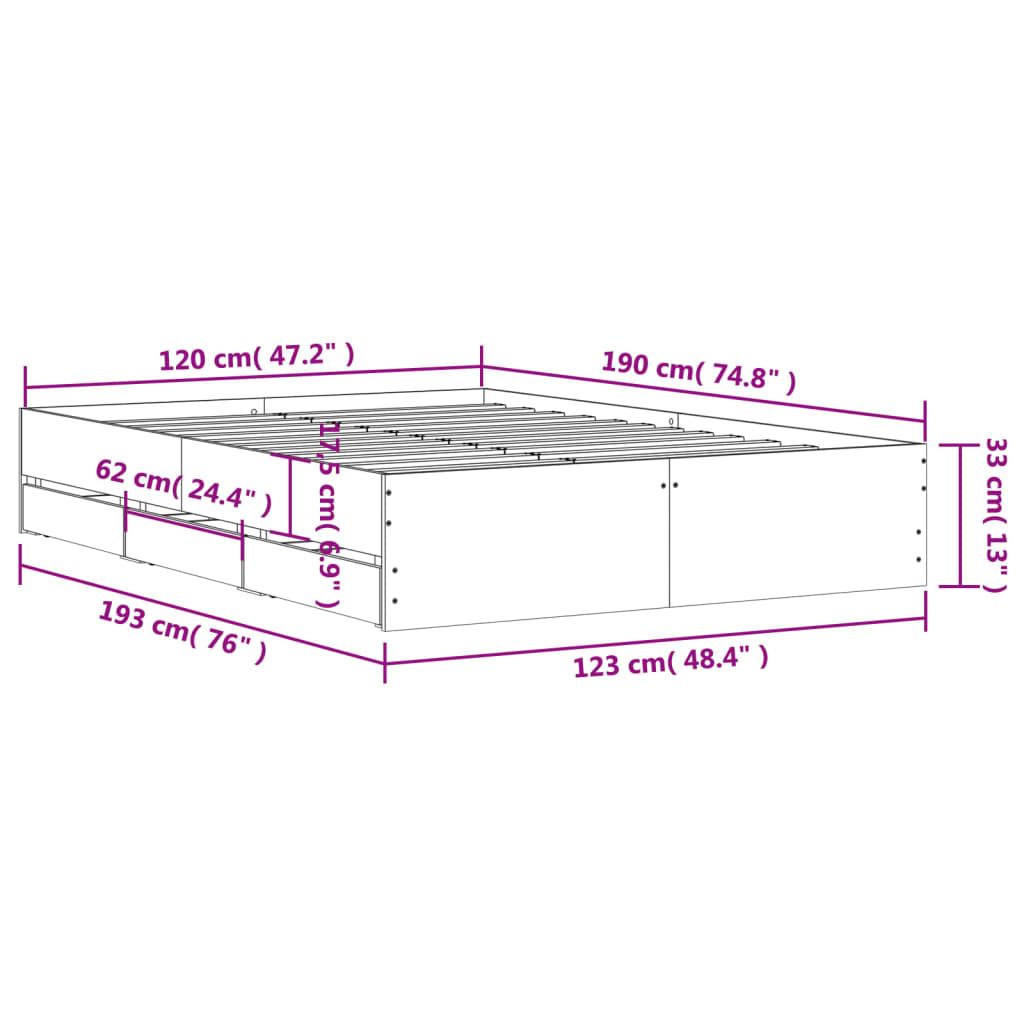 vidaXL Bed Frame with Drawers without Mattress White 120x190 cm Small Double