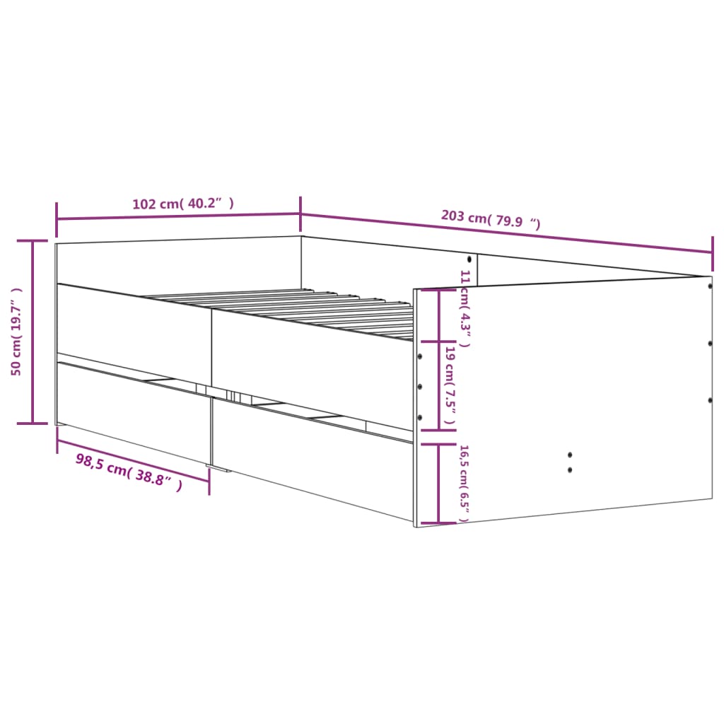 vidaXL Bed Frame with Drawers without Mattress Black 100x200 cm