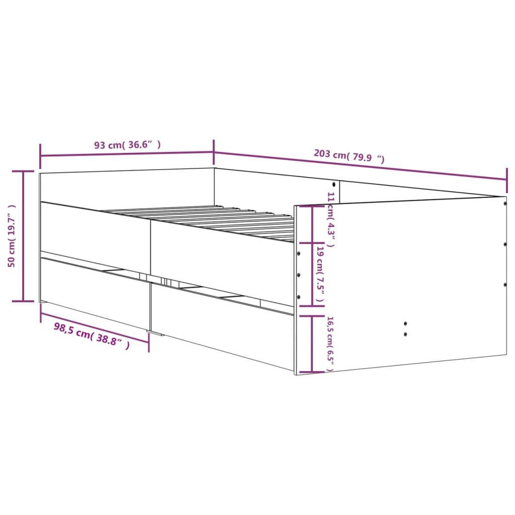 vidaXL Bed Frame | Smoked oak | Engineered wood, Plywood slats | 90x200 cm