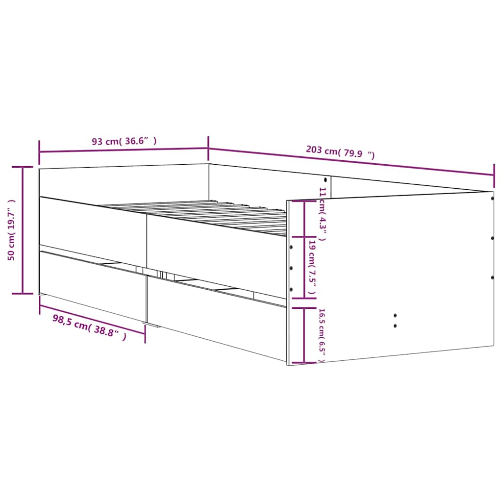 vidaXL Bed Frame with Drawers without Mattress Grey Sonoma 90x200 cm