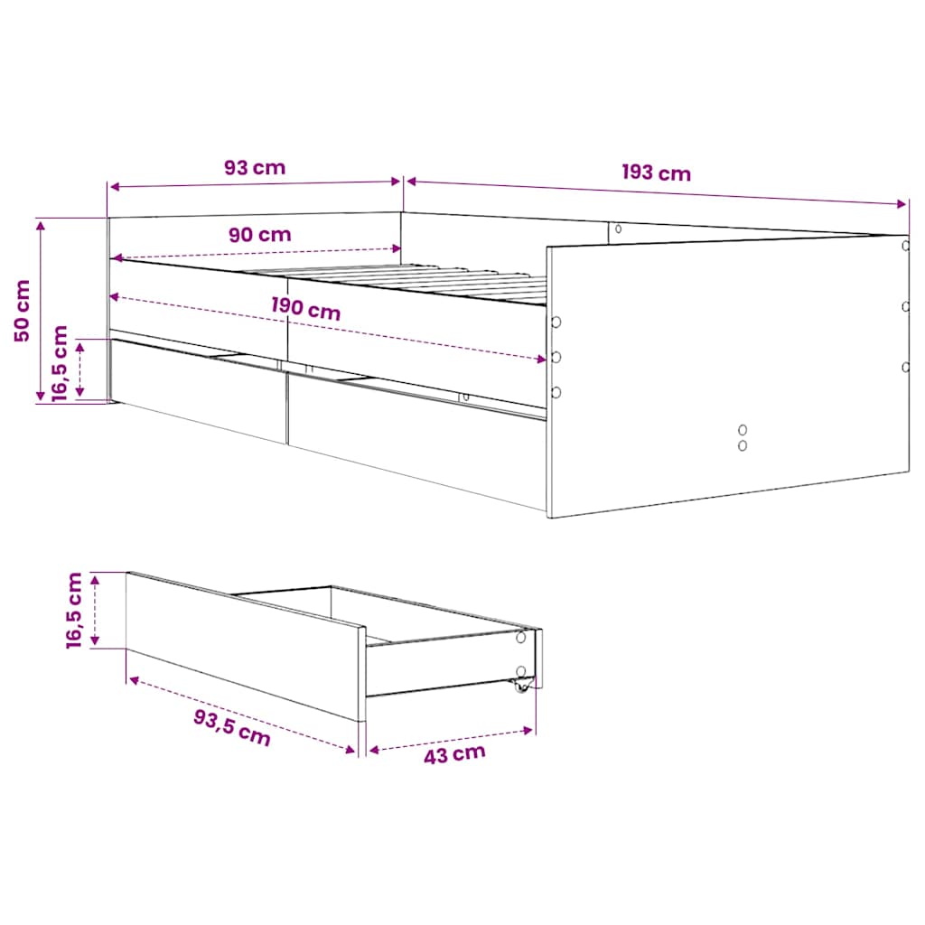 vidaXL Bed Frame with Drawers without Mattress Black 90x190 cm Single