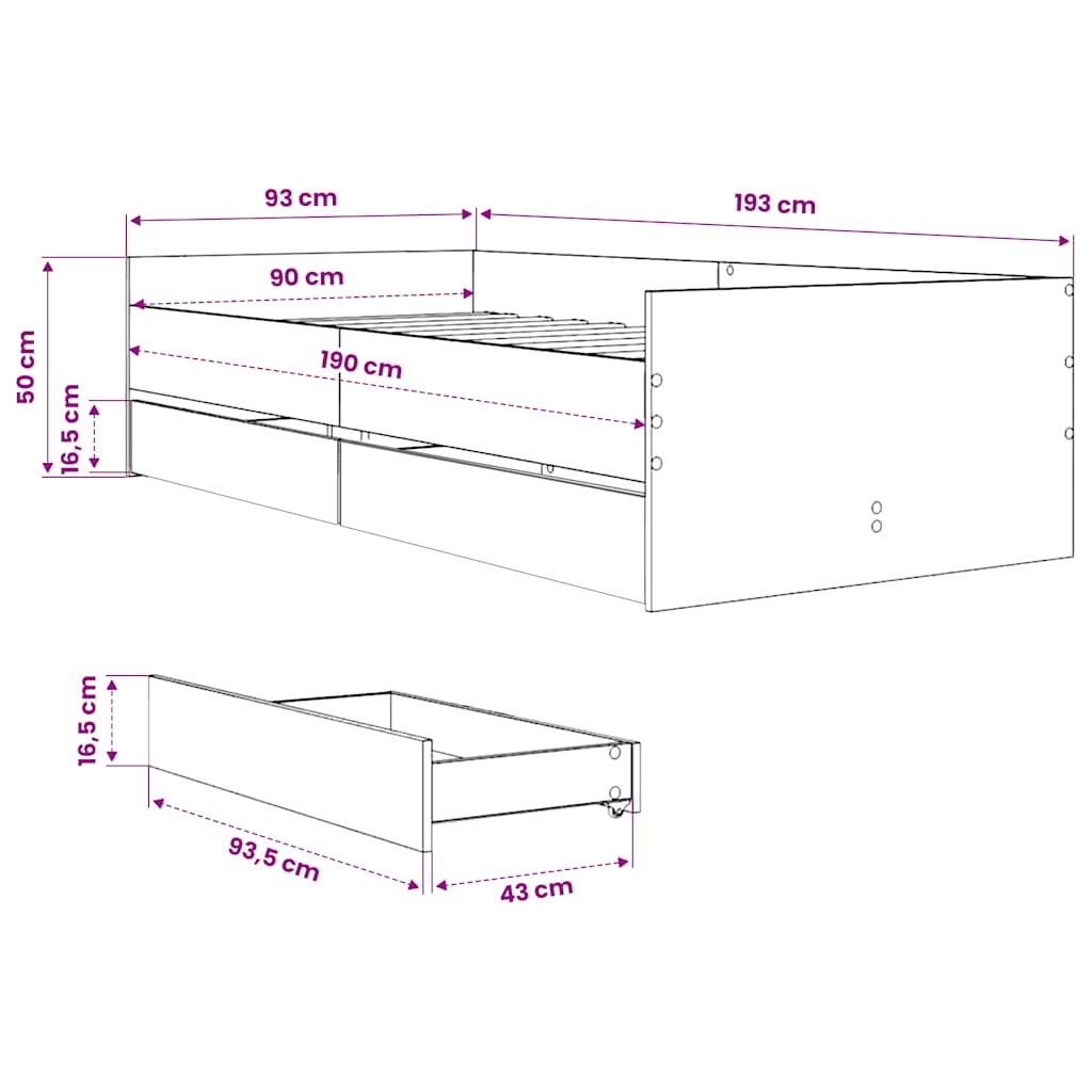 vidaXL Bed Frame with Drawers without Mattress Grey Sonoma 90x190 cm Single