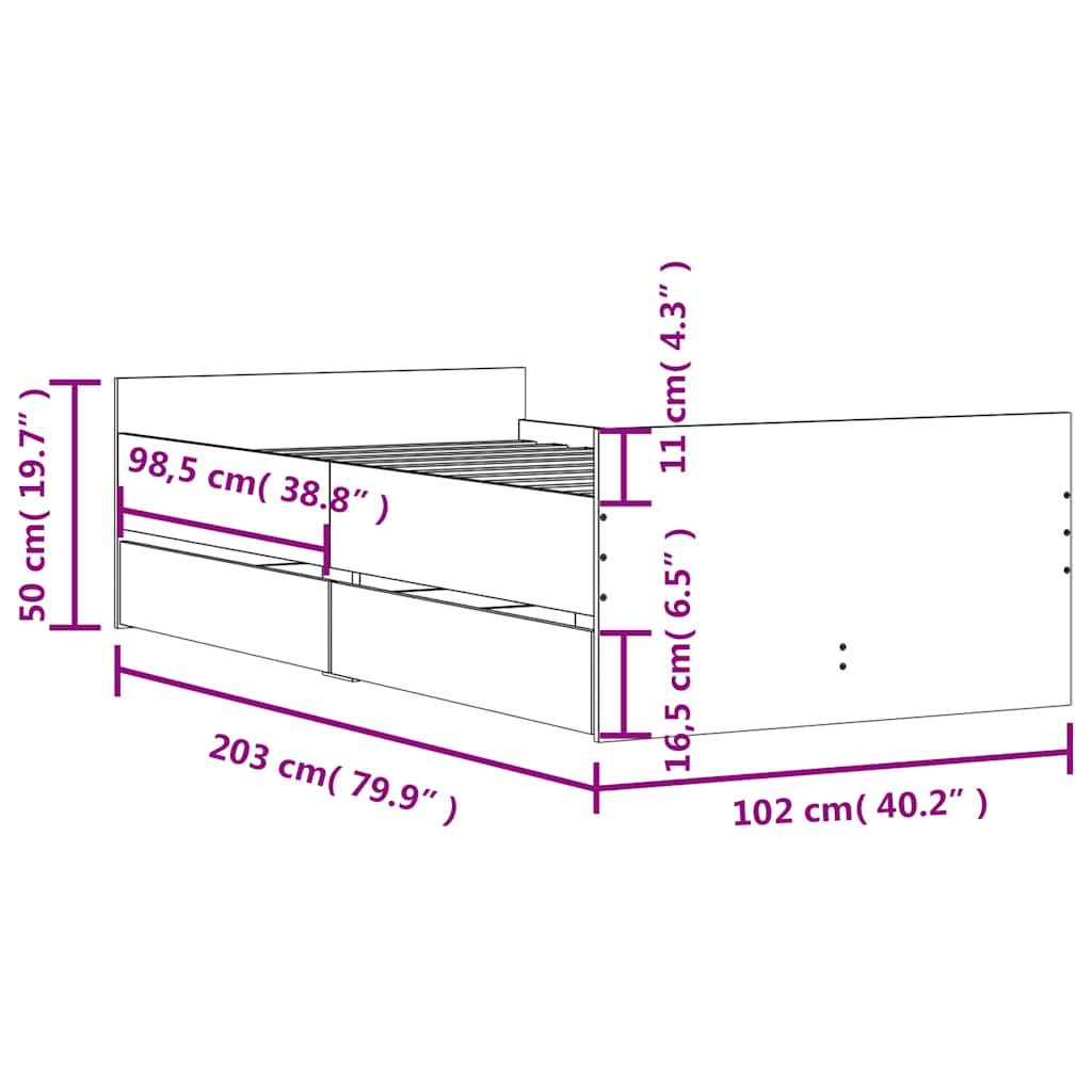 vidaXL Bed Frame with Drawers without Mattress Grey Sonoma 100x200 cm