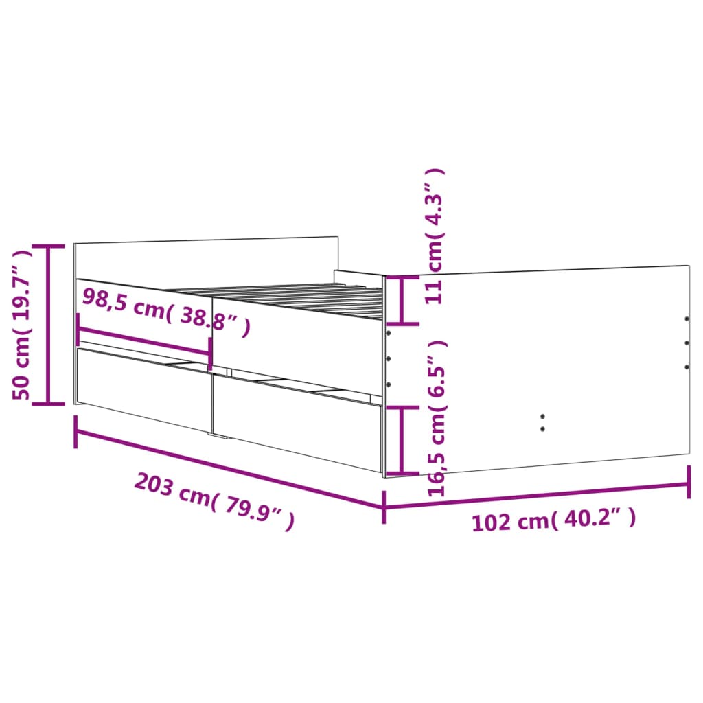 vidaXL Bed Frame with Drawers without Mattress Brown Oak 100x200 cm